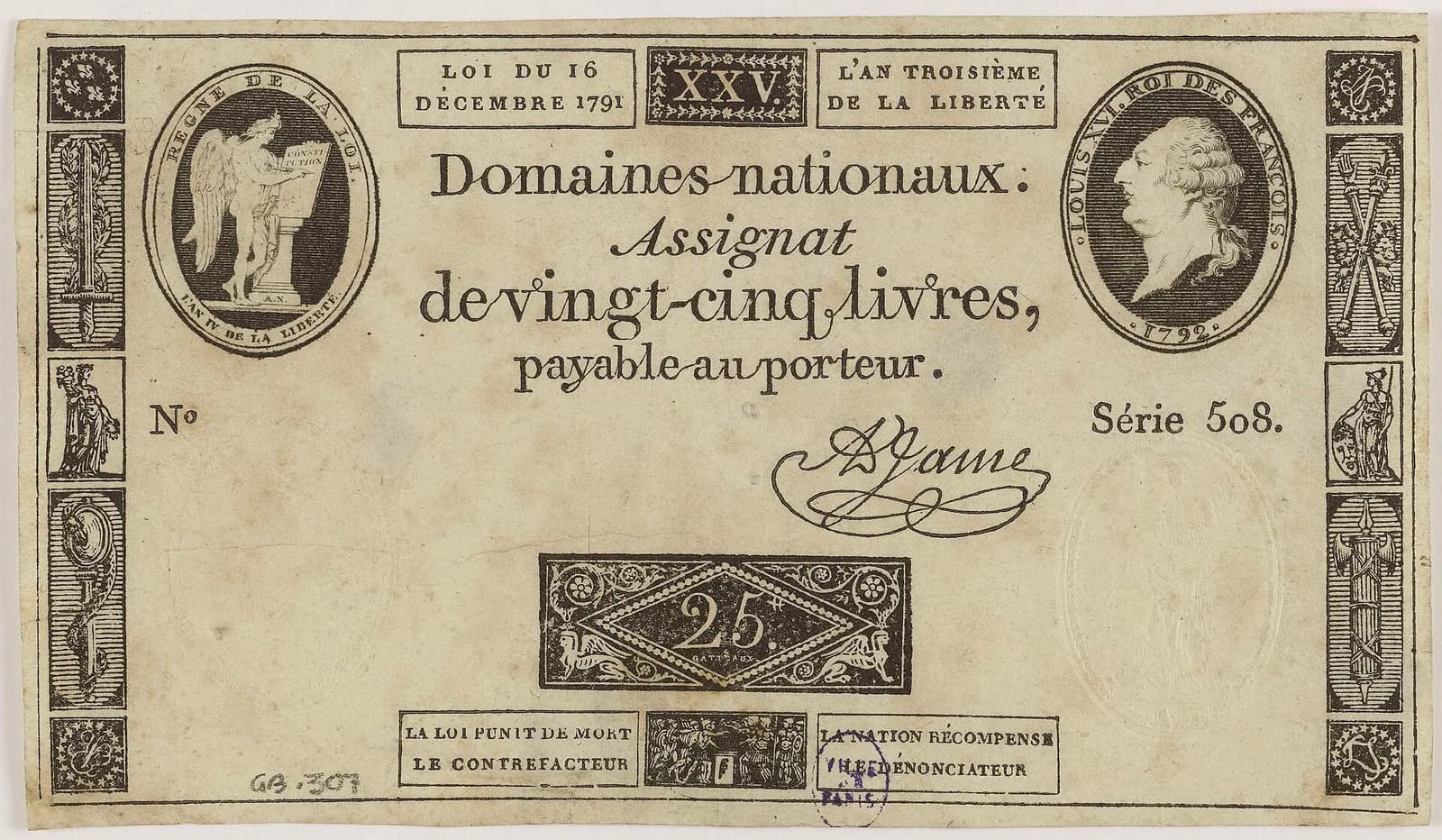 Billet imprimé portant « Domaines nationaux, assignat de vingt-cinq livres, payable au porteur », avec le profil de Louis XVI dans un médaillon