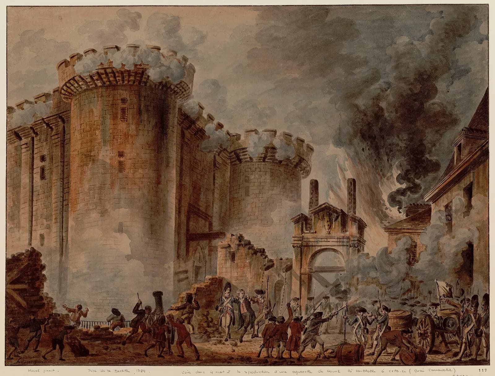 Aquarelle de la prise de la Bastille : les hautes tours rondes de la forteresse dans la fumée, des combattants et un canon au pied des murs