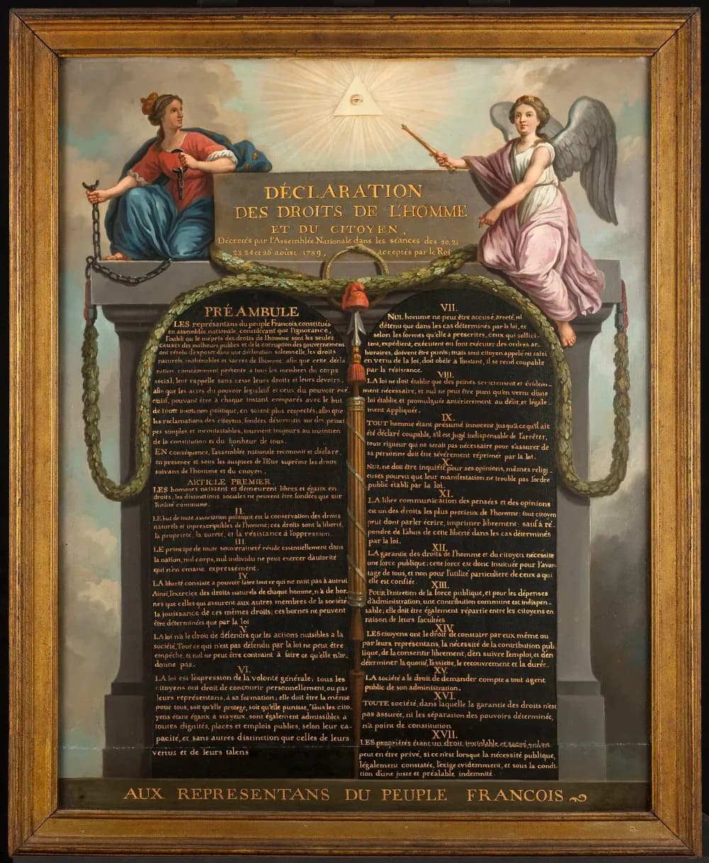 Peinture du texte de la Déclaration sur deux tables de pierre, entre une femme qui brise des chaînes et un ange ailé, sous un œil dans un triangle rayonnant
