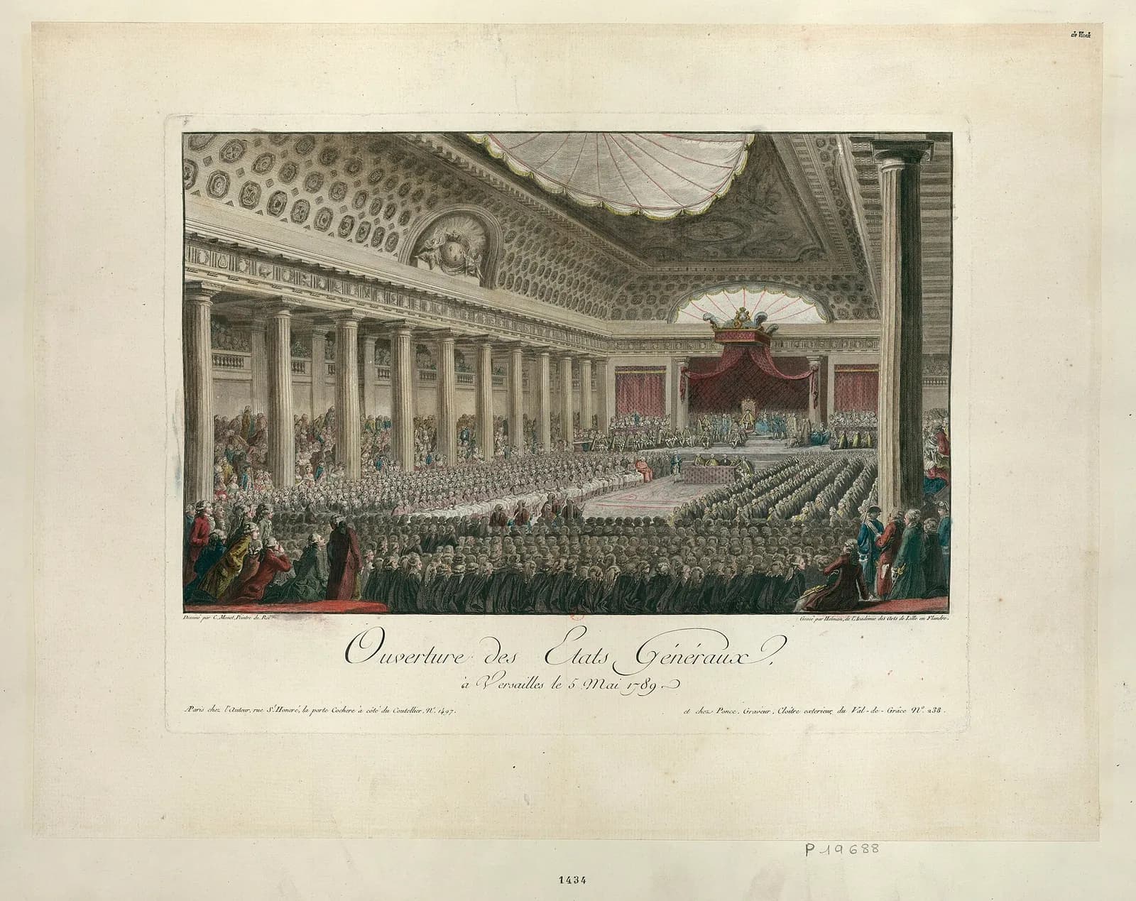 Gravure en couleurs d'une immense salle à colonnes : un trône sous un dais au fond, des centaines de députés assis en rangs