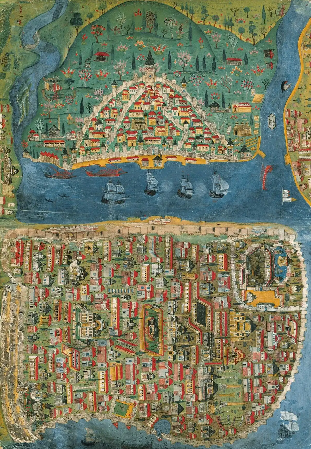 Ottoman miniature of Istanbul and Galata on either side of the Golden Horn, with their houses, mosques and ships