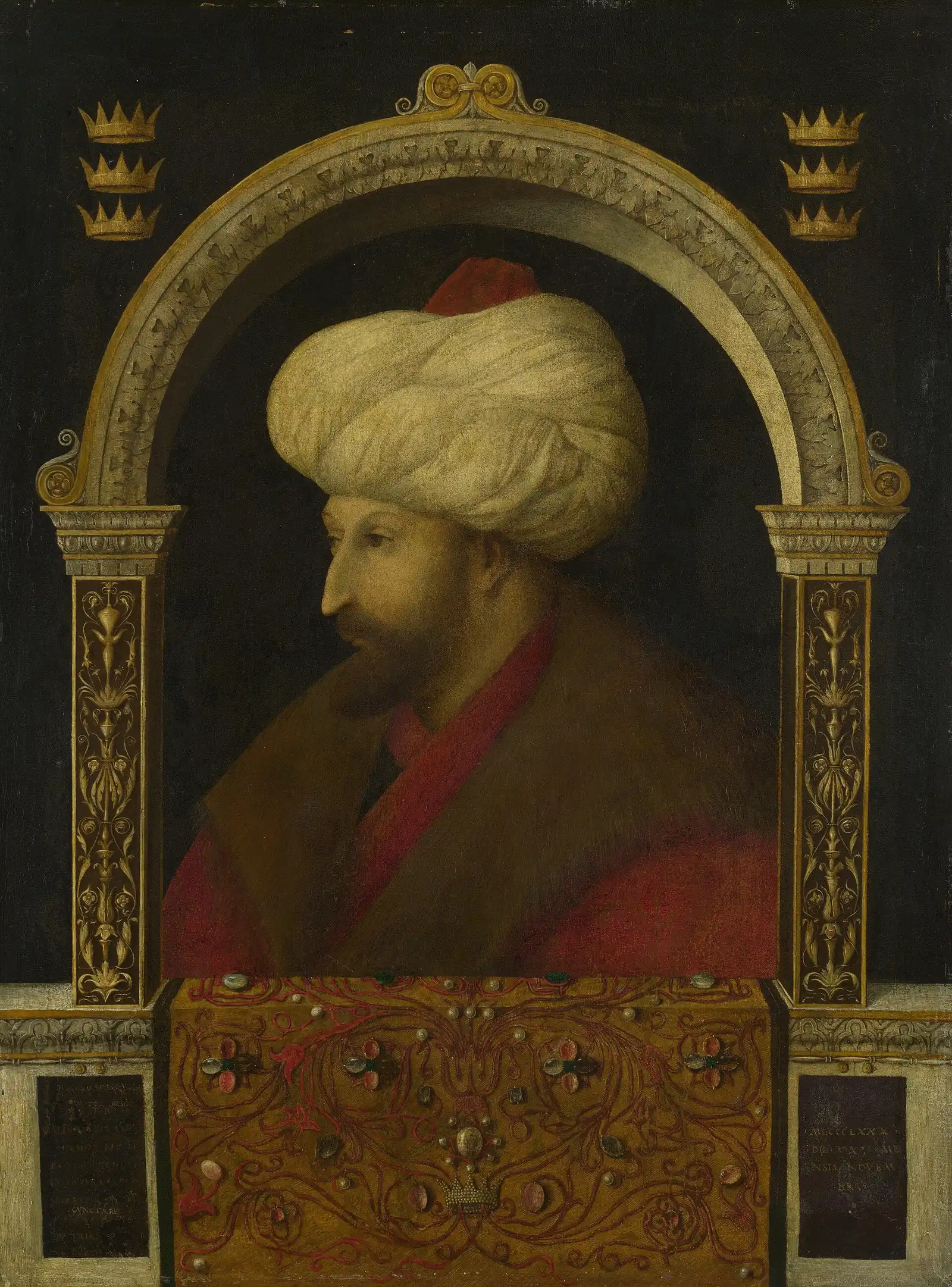 Bust portrait of Sultan Mehmed II in profile, beneath an arch, wearing a turban